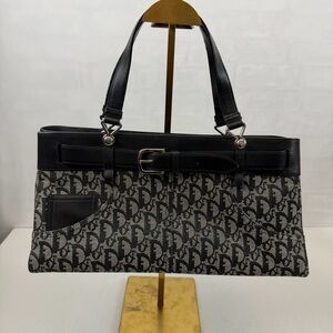 Christian Dior Trotter Canvas Logo Tote Bag Black Leather Trim‎ Vintage
